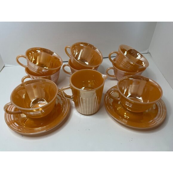 Fire King Peach Luster 8 Cups, 2 Saucers, Creamer NOS - Picture 1 of 8